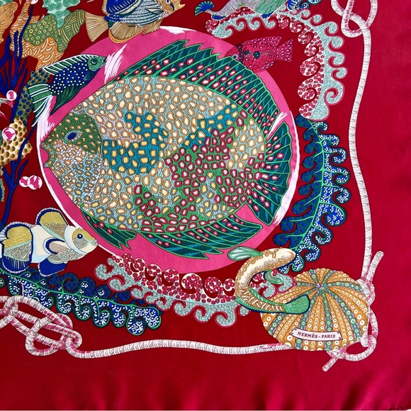 Hermes Vintage 1992 Nautical 'Grands Fonds' Silk Carré Scarf Crimson - Picture 9 of 13